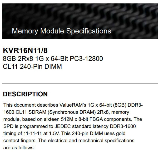 رم دسکتاپ DDR3 کینگستون مدل KVR16N11/8 ظرفیت 8 گیگابایت، فرکانس 1600 مگاهرتز، PC3-12800، تک‌کاناله از نوع DIMM