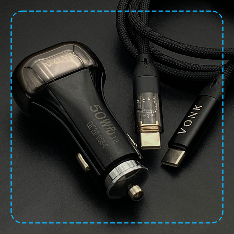 شارژر فندکی 50 وات دو پورت وونک مدل VC-50 به همراه کابل 1 متری USB-C
