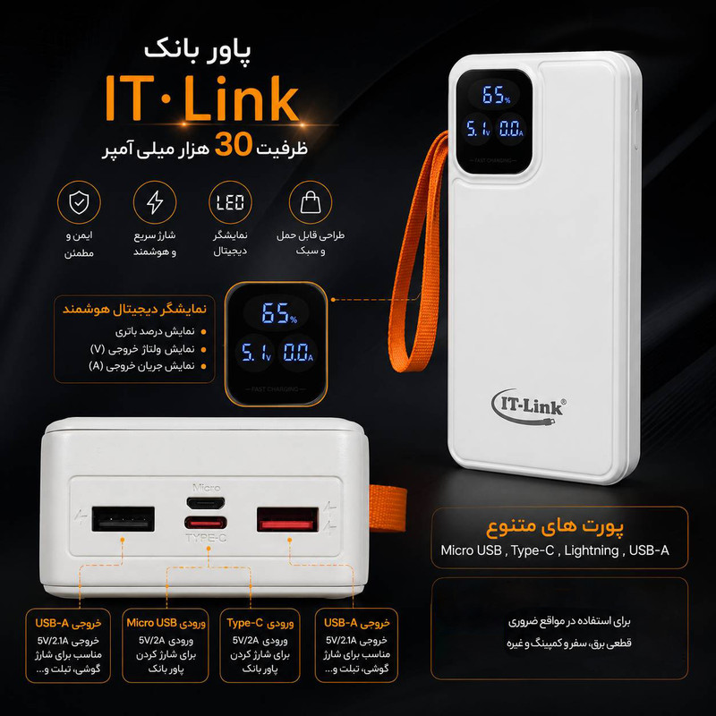 پاوربانک 22.5 وات آی تی لینک مدل 3LCD ظرفیت 30000 میلی‌آمپر‌ساعت
