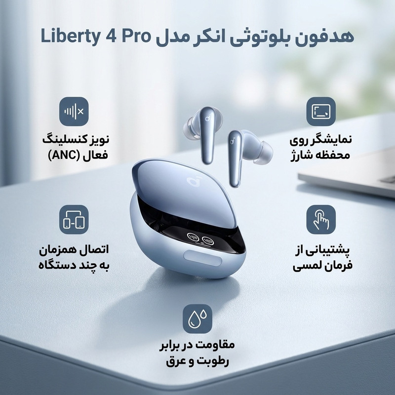 هدفون بلوتوثی انکر مدل Liberty 4 Pro دارای نویز کنسلینگ فعال (ANC)، درگاه شارژ USB Type-C، با قابلیت اتصال به چند دستگاه، پشتیبانی از فرمان لمسی، نمایشگر روی صفحه محفظه شارژ، نشانگر LED، مقاومت در برابر رطوبت و عرق