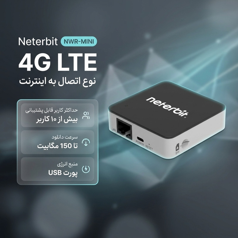 مودم روتر 4G LTE قابل حمل نتربیت مدل NWR-MINI، پشتیبانی از بیش از 10 کاربر، سرعت دانلود تا 150 مگابیت و آپلود تا 50 مگابیت، دارای درگاه RJ-45 LAN و USB Type-C، شیار سیم‌کارت و نشانگر LED