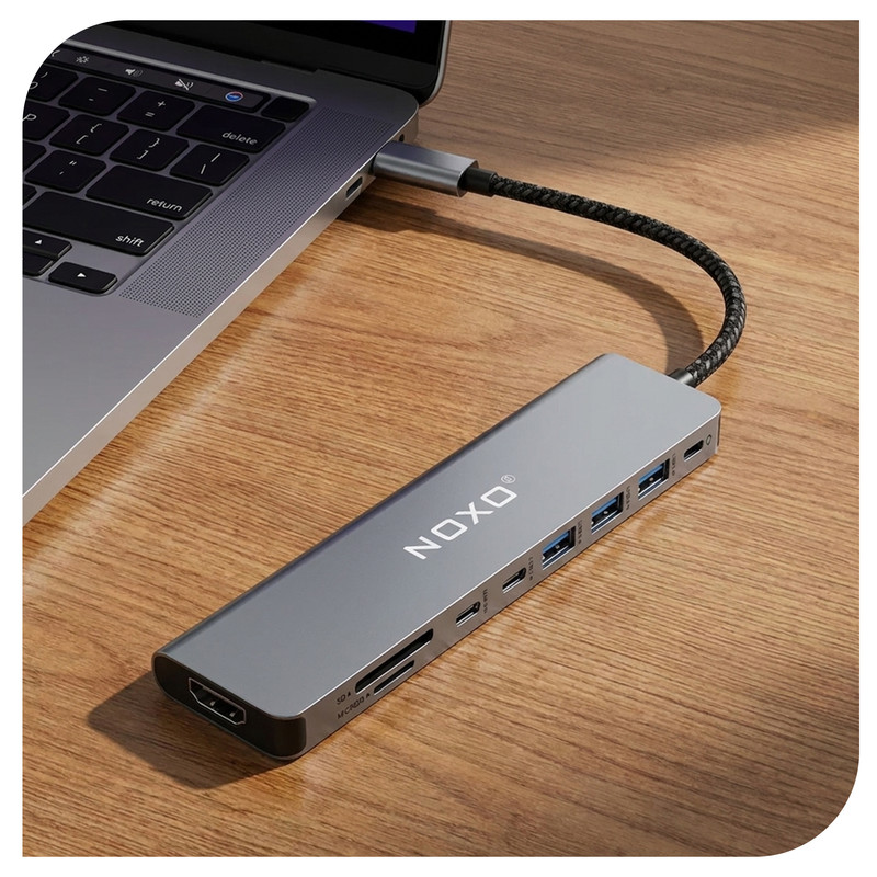 هاب 9 پورت USB-C نوکسو مدل HUB-N1 9in1 با پشتیبانی شارژ PD 100 وات، HDMI 4K، USB 3.0 و کارت‌خوان SD/TF