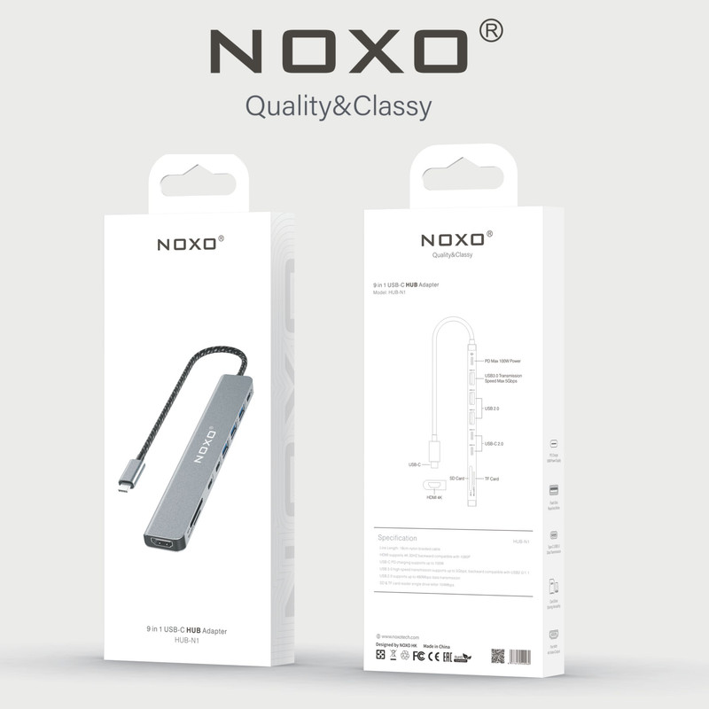 هاب 9 پورت USB-C نوکسو مدل HUB-N1 9in1 با پشتیبانی شارژ PD 100 وات، HDMI 4K، USB 3.0 و کارت‌خوان SD/TF