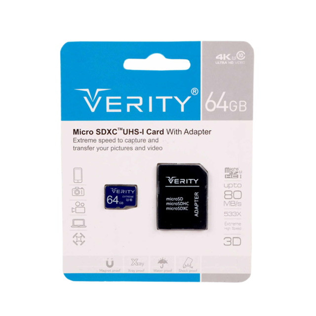 کارت حافظه micro SDXC وریتی مدل 4K کلاس 10 استاندارد UHS-I سرعت 80MBps ظرفیت 64 گیگابایت به همراه آداپتور SD