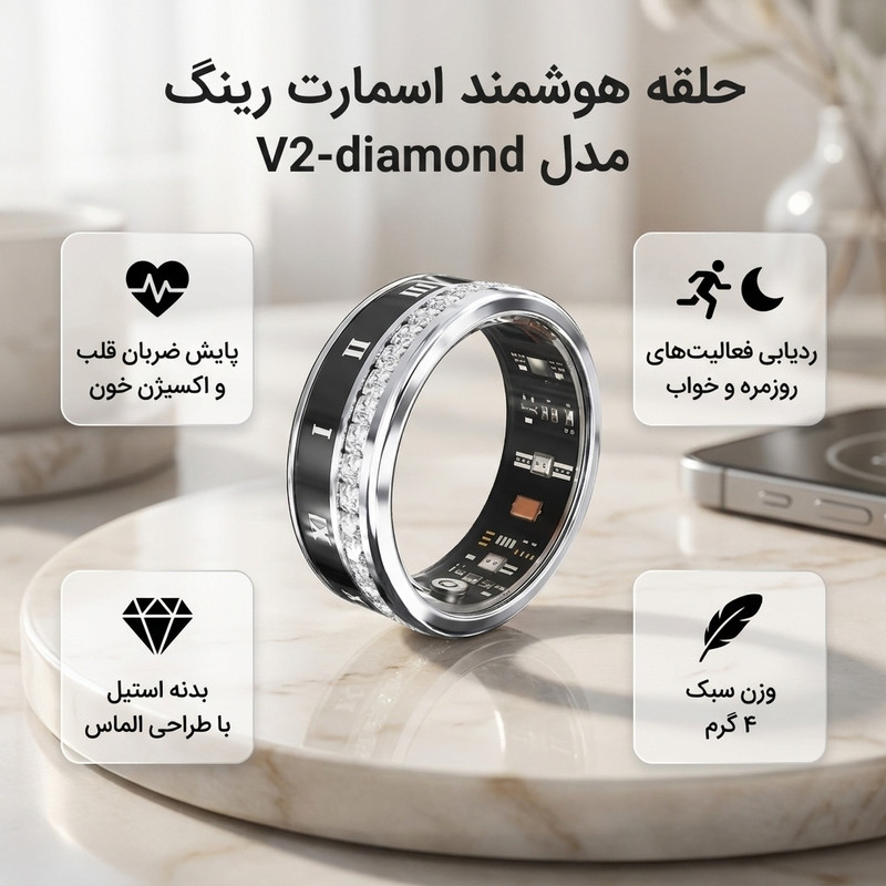 حلقه هوشمند اسمارت رینگ مدلV2-diamond رنگ نقره ای مشکی