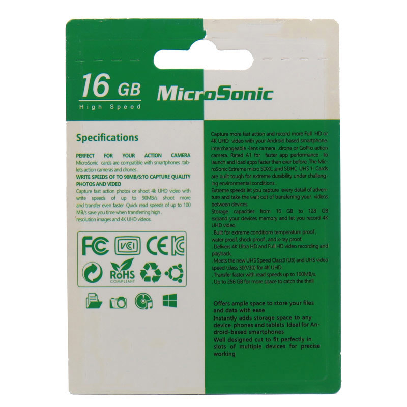 کارت حافظه microSDHC میکروسونیک مدل HC کلاس 10 استاندارد UHS-I U1 سرعت 90MBps ظرفیت 16 گیگابایت