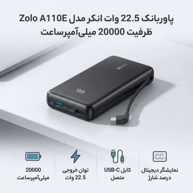 پاوربانک 22.5 وات انکر مدل Zolo A110E ظرفیت 20000 میلی‌آمپرساعت