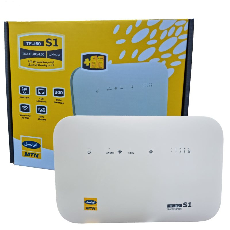 مودم 4G/TD-LTE خانگی ایرانسل مدل TF-i60 S1 با پشتیبانی هم‌زمان 32 کاربر، 4 شبکه بی‌سیم مستقل، 4 پورت LAN، آنتن 5dBi و سیم‌کارت 300 گیگابایت اینترنت 6 ماهه