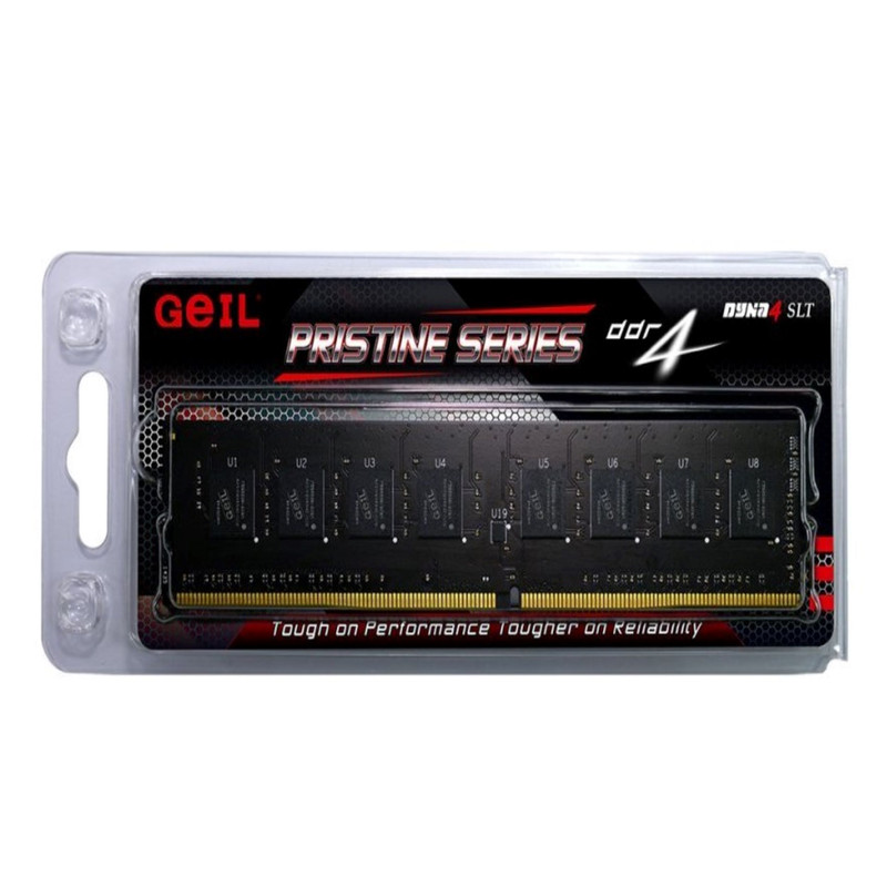رم دسکتاپ 4 گیگابایت گیل مدل pristine، از نوع DDR4 با فرکانس 2666 مگاهرتز، تایمینگ 19، ولتاژ کاری 1.2 ولت و نوع ماژول DIMM