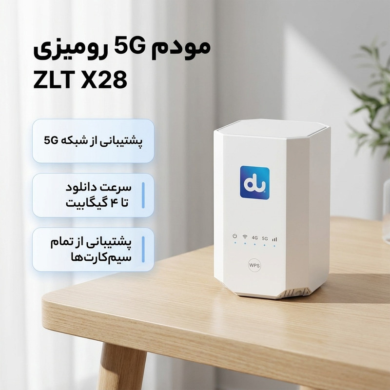مودم 5G رومیزی ZLT X28 با پشتیبانی از همه سیم‌کارت‌های ایران، وای‌فای 6، سرعت دانلود 4 گیگابیت بر ثانیه، قابلیت تجمیع باند، پنل سوپر ادمین دائمی، اتصال USB Type-C و LAN