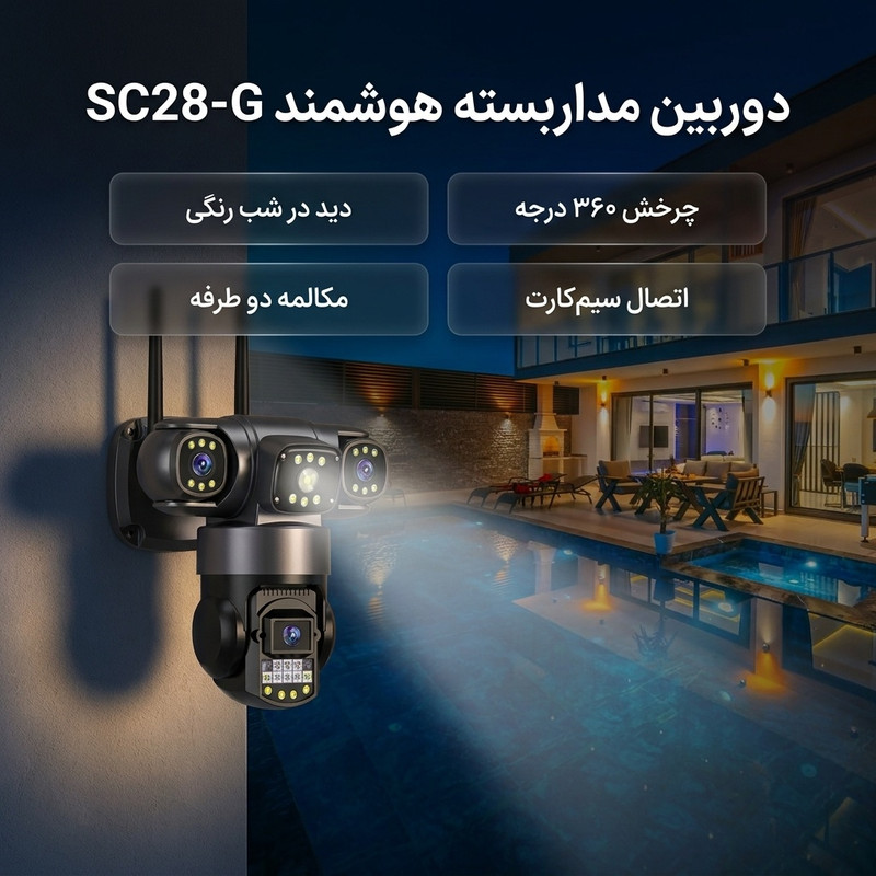 دوربین مداربسته تحت شبکه سیم‌کارتی 3 لنز مدل SC28-G، با قابلیت چرخش 360 درجه، دید در شب رنگی، تشخیص انسان و مکالمه دوطرفه