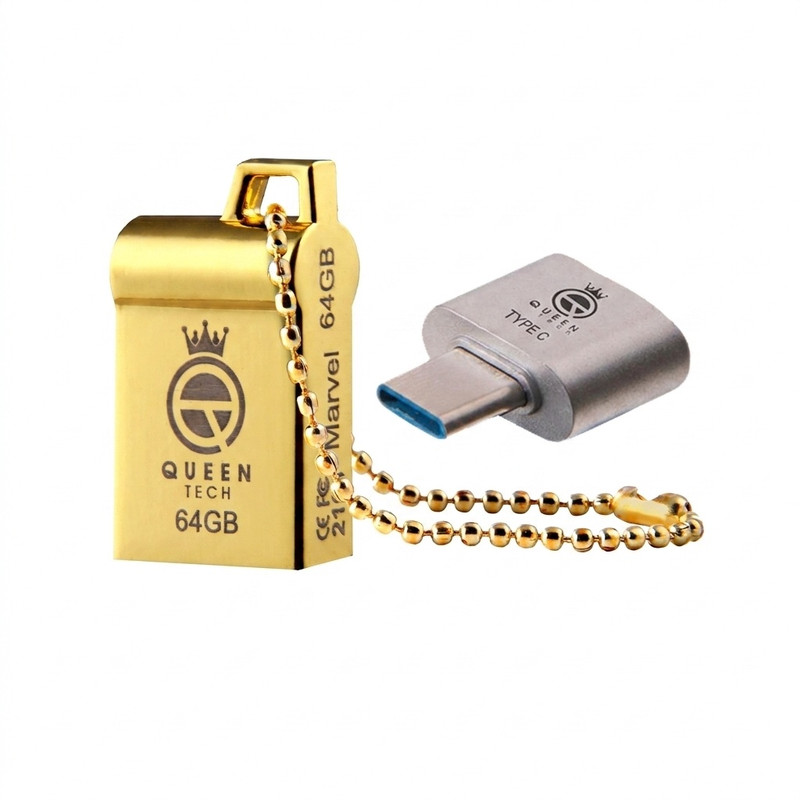 فلش مموری کوئین تک مدل MARVEL C-PLUS ظرفیت 64 گیگابایت با رابط USB 2.0 و USB Type-A، بدنه فلزی مقاوم، سرعت انتقال 30 مگابایت بر ثانیه، سازگار با موبایل، تبلت، کامپیوتر، لپ‌تاپ و تلویزیون