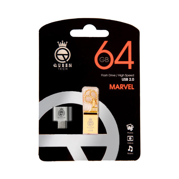 فلش مموری کوئین تک مدل MARVEL C-PLUS ظرفیت 64 گیگابایت با رابط USB 2.0 و USB Type-A، بدنه فلزی مقاوم، سرعت انتقال 30 مگابایت بر ثانیه، سازگار با موبایل، تبلت، کامپیوتر، لپ‌تاپ و تلویزیون