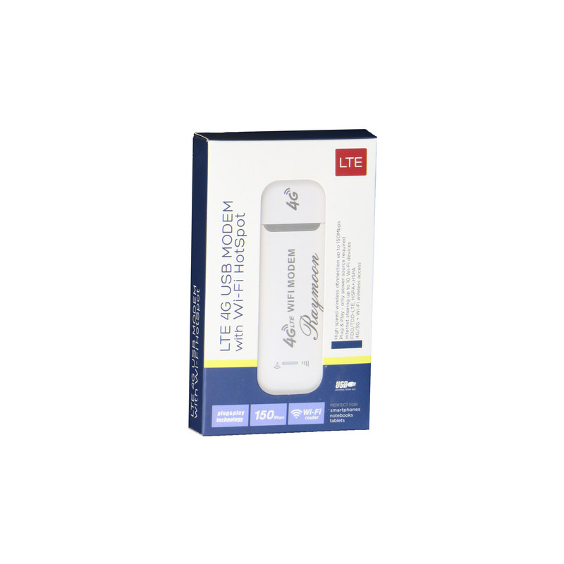 مودم سیم‌کارتی 4G قابل حمل رایمون مدل LTE-4G با اتصال USB و وای‌فای، پشتیبانی از 10 دستگاه و سرعت دانلود 150 مگابیت بر ثانیه