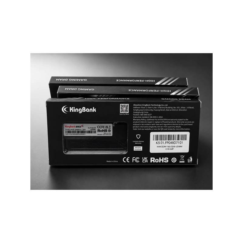 رم دسکتاپ 16 گیگابایت کینگ بانک مدل KJXB Headsink، از نوع DDR4 با فرکانس 3200 مگاهرتز و تایمینگ CL16، معماری تک‌کاناله، ولتاژ کاری 1.35 ولت و هیت‌سینک، سازگار با پردازنده‌های Intel و AMD