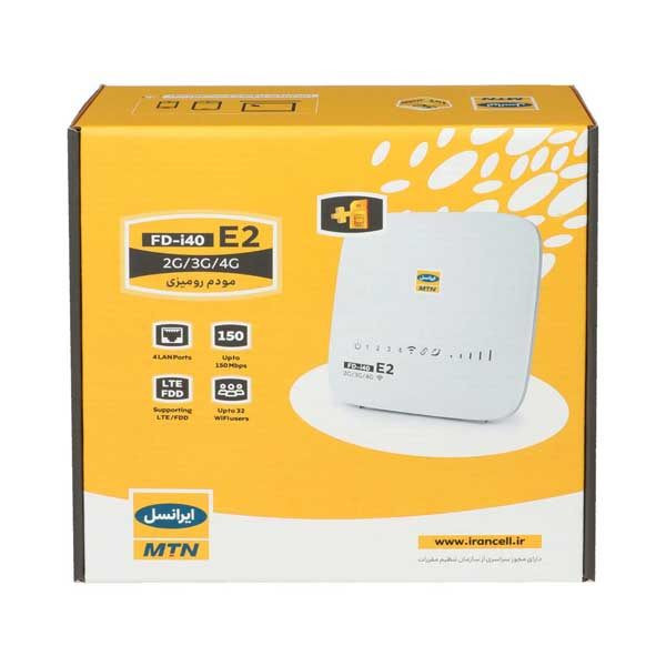 مودم 4G ایرانسل مدل FD-i40 E2 با سرعت انتقال داده تا 150 مگابیت بر ثانیه، پشتیبانی از 32 کاربر همزمان، 4 پورت LAN، کلید WPS برای اتصال سریع و امن و قابلیت اتصال بی‌سیم و باسیم به اینترنت