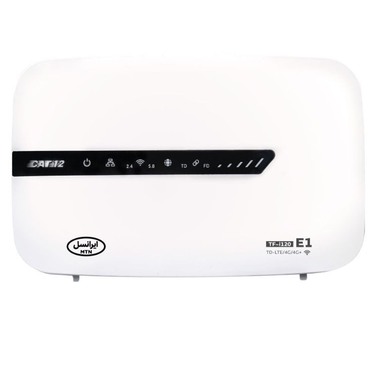 مودم 4G ایرانسل مدل TF-i120 E1 با فناوری LTE Cat 12، سرعت دانلود 600 مگابیت بر ثانیه، آپلود 100 مگابیت بر ثانیه، وای‌فای دوبانده 2.4 و 5.8 گیگاهرتز، پشتیبانی همزمان 50 کاربر، چهار پورت اترنت، مناسب استفاده خانگی و اداری