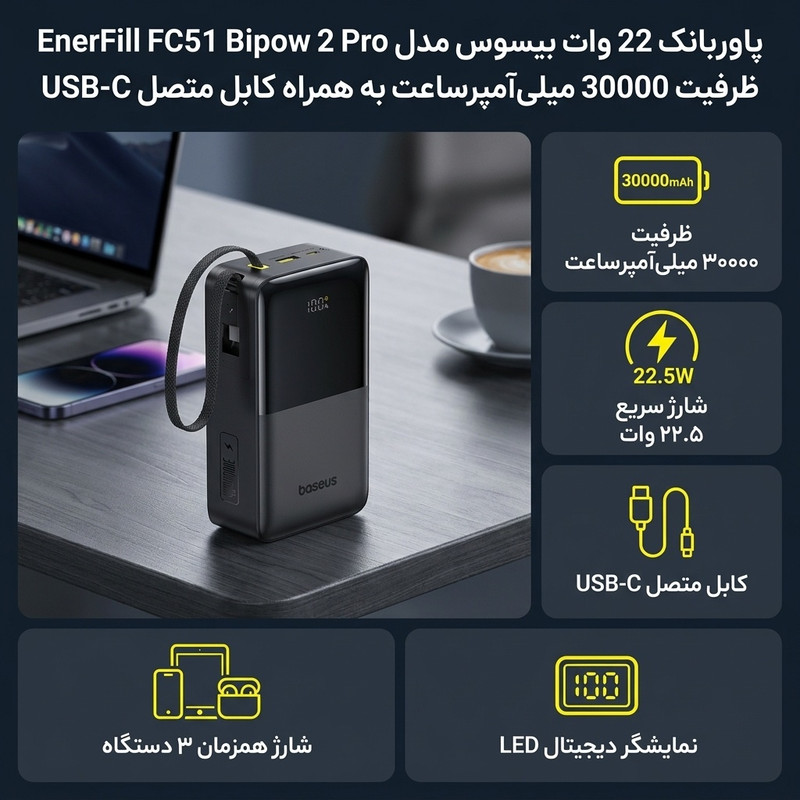 پاوربانک 22 وات بیسوس مدل EnerFill FC51 Bipow 2 Pro ظرفیت 30000 میلی‌آمپرساعت به همراه کابل متصل USB-C