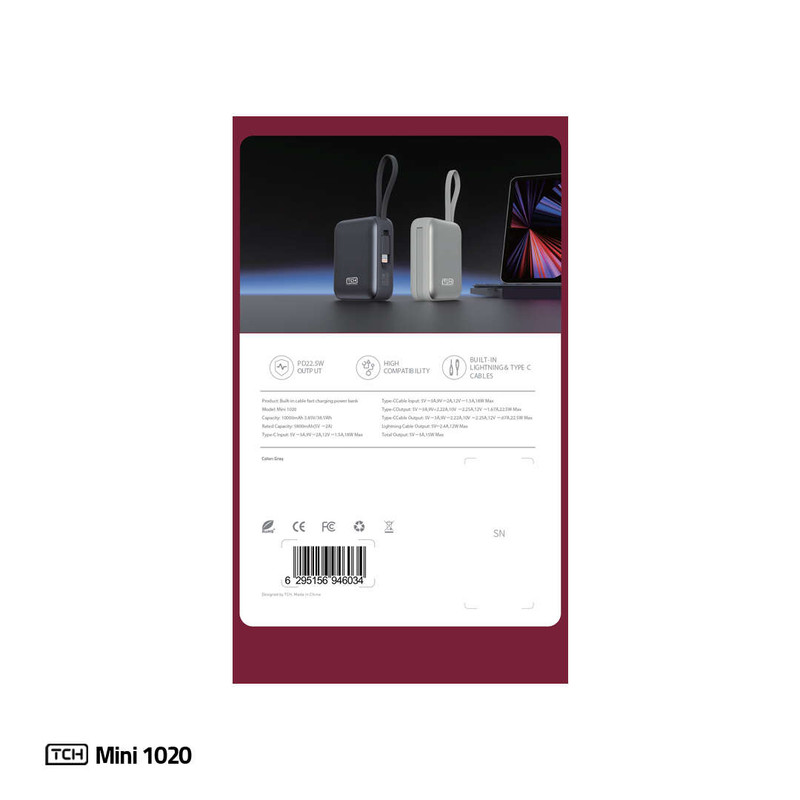 پاوربانک 22.5 وات تی سی اچ مدل Mini 1020 ظرفیت 10000 میلی‌آمپرساعت به همراه کابل تبدیل USB-C به لایتنینگ