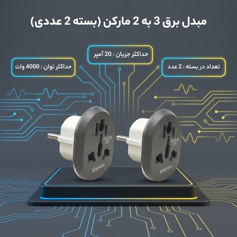 دو شاخه تبدیل برق 3 به 2 مارکن مدل هیرو پاور کد 20A مجموعه 2 عددی