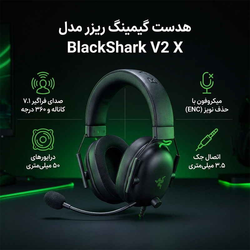 هدست گیمینگ ریزر مدل BlackShark V2 X با نویز کنسلینگ بدنه و نویز کنسلینگ میکروفون (ENC)، اتصال از طریق جک 3.5 میلی‌متری، دارای صدای فراگیر 7.1 کاناله، دارای تکنولوژی صدای 360 درجه