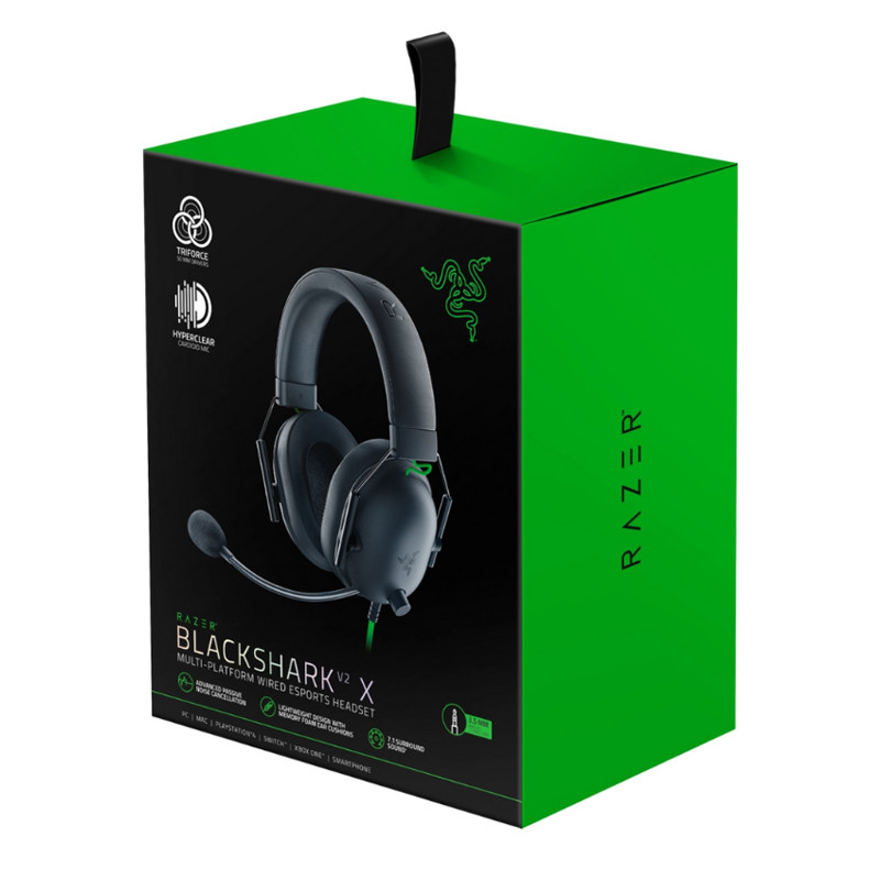 هدست گیمینگ ریزر مدل BlackShark V2 X با نویز کنسلینگ بدنه و نویز کنسلینگ میکروفون (ENC)، اتصال از طریق جک 3.5 میلی‌متری، دارای صدای فراگیر 7.1 کاناله، دارای تکنولوژی صدای 360 درجه