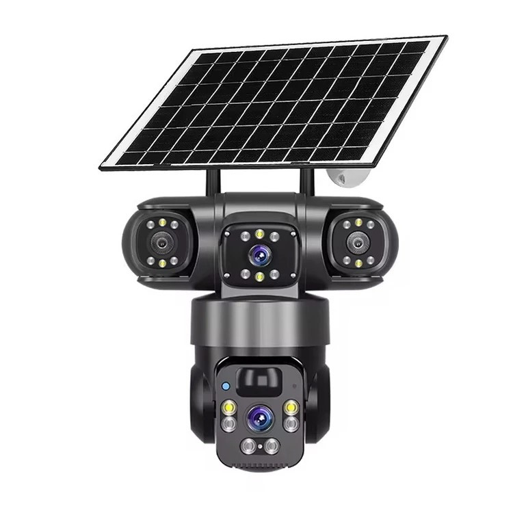دوربین مداربسته تحت شبکه فضای باز خورشیدی سه لنز با اتصال 4G، چرخش 360 درجه، دید در شب رنگی، تشخیص حرکت، مکالمه دوطرفه، استاندارد IP66، شارژ با پنل خورشیدی و نگهداری شارژ تا 7 روز