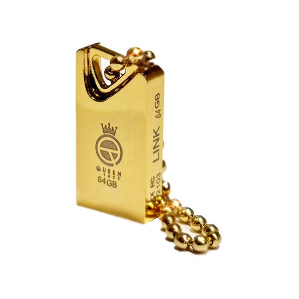 فلش مموری کوئین تک مدل GLINK ظرفیت 64 گیگابایت با رابط USB 2.0، بدنه فلزی مقاوم در برابر آب و ضربه، طراحی فشرده و زنجیر محافظ، سرعت انتقال 30 مگابایت بر ثانیه، سازگار با انواع سیستم‌عامل‌ها و دستگاه‌های USB