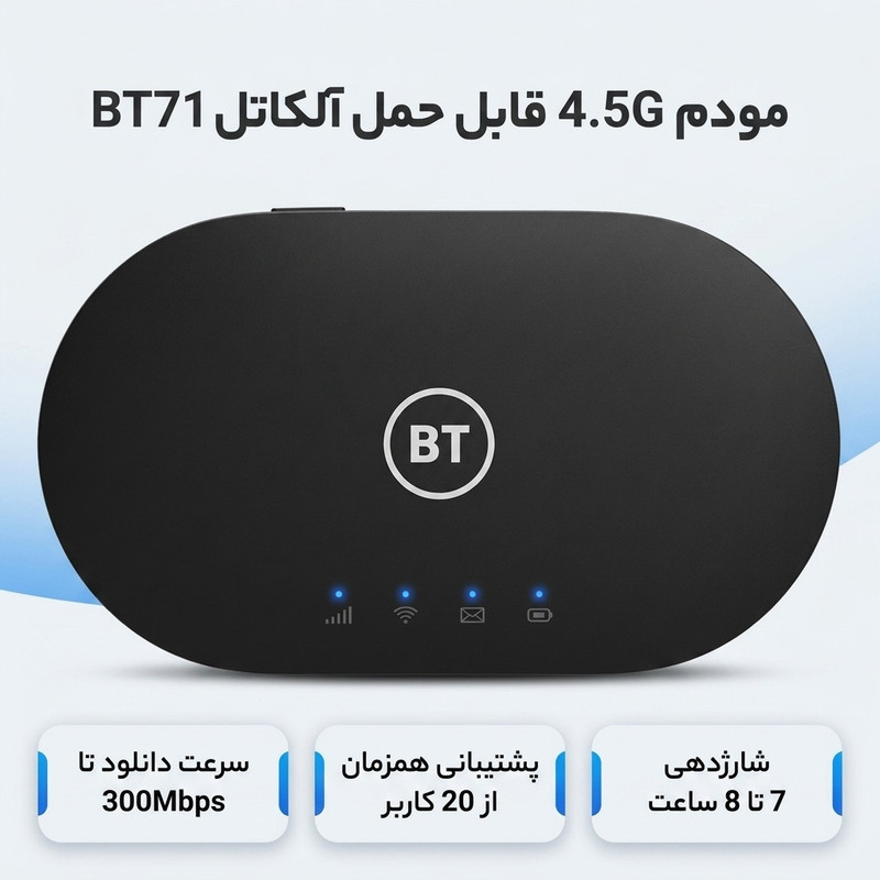 مودم 4.5G قابل حمل آلکاتل مدل BT71 با تکنولوژی Cat6 و Cat7، سرعت دانلود تا 300Mbps، پشتیبانی همزمان از 20 کاربر، وای‌فای دو بانده 2.4GHz و 5GHz، استاندارد IEEE 802.11b/g/n/ac، باتری با شارژدهی 7 تا 8 ساعت و قابلیت ارسال SMS